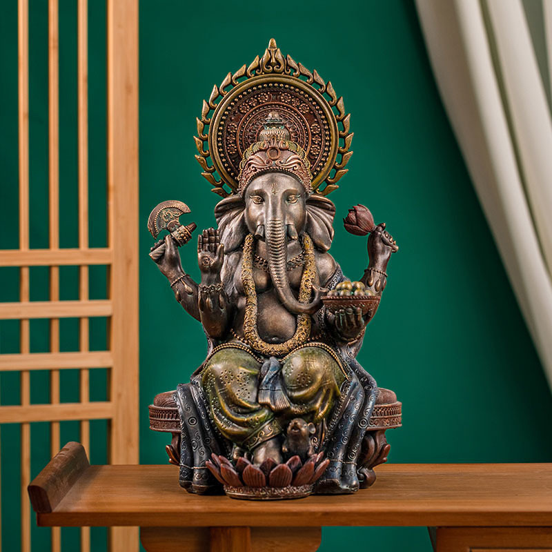 Vintage Ganesh Indian Elephant God Statue Home Temple Old Indian Hand Carved Lord Figurine Hindu Elephant God Wooden Statue