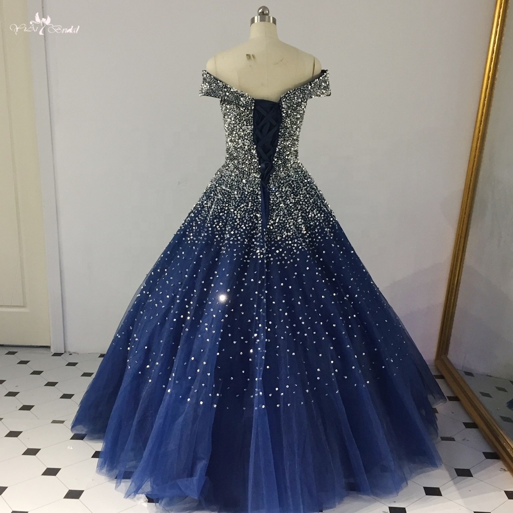 RSE848 Amazing Shinny Sequin Long Quinceanera Dresses Ball Gown Princess Party Off The Shoulder Pattern Royal Blue Evening Dress