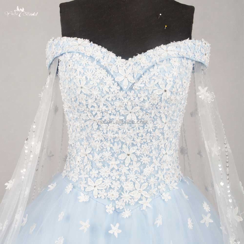 RSW1134 With Cape Shawl Princess Cinderella COSPLAY Bridal Ball Gown Off Shoulder ivory Ice Baby Blue Wedding Dress