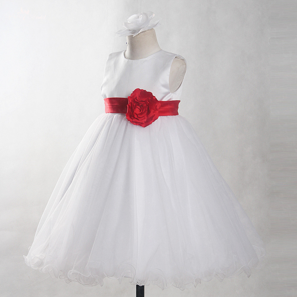 FG82 Wholesale Sleeveless Long Puffy Ball Gowns And Red Flower Girl Dresses Wedding Kids Communion Dress White