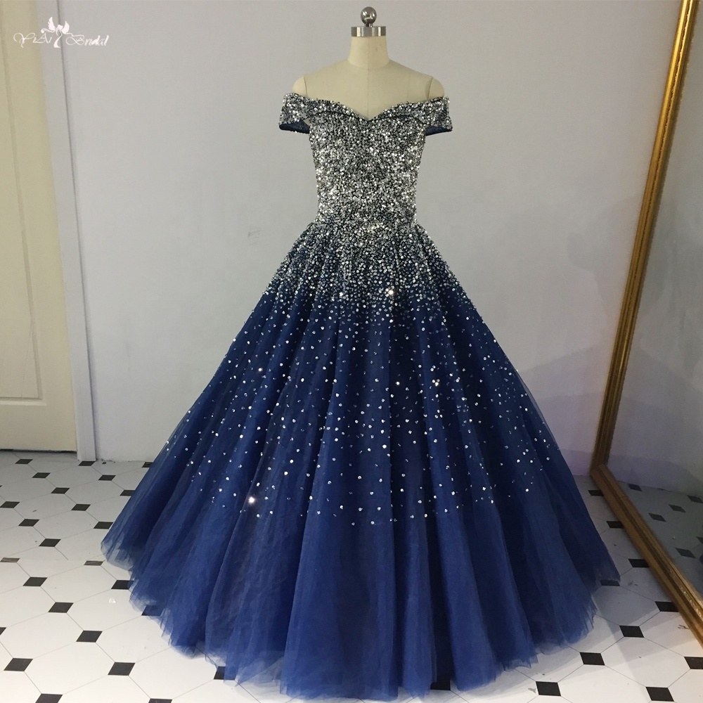 RSE848 Amazing Shinny Sequin Long Quinceanera Dresses Ball Gown Princess Party Off The Shoulder Pattern Royal Blue Evening Dress