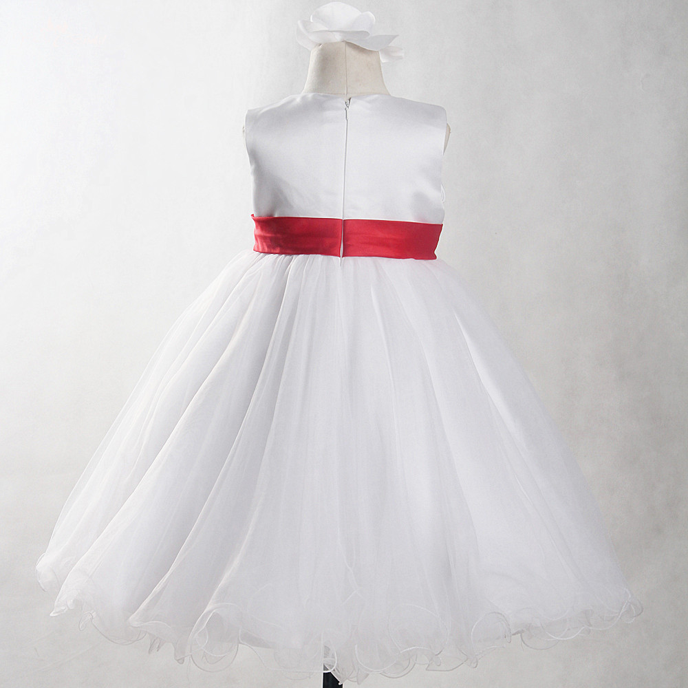 FG82 Wholesale Sleeveless Long Puffy Ball Gowns And Red Flower Girl Dresses Wedding Kids Communion Dress White