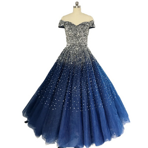 RSE848 Amazing Shinny Sequin Long Quinceanera Dresses Ball Gown Princess Party Off The Shoulder Pattern Royal Blue Evening Dress