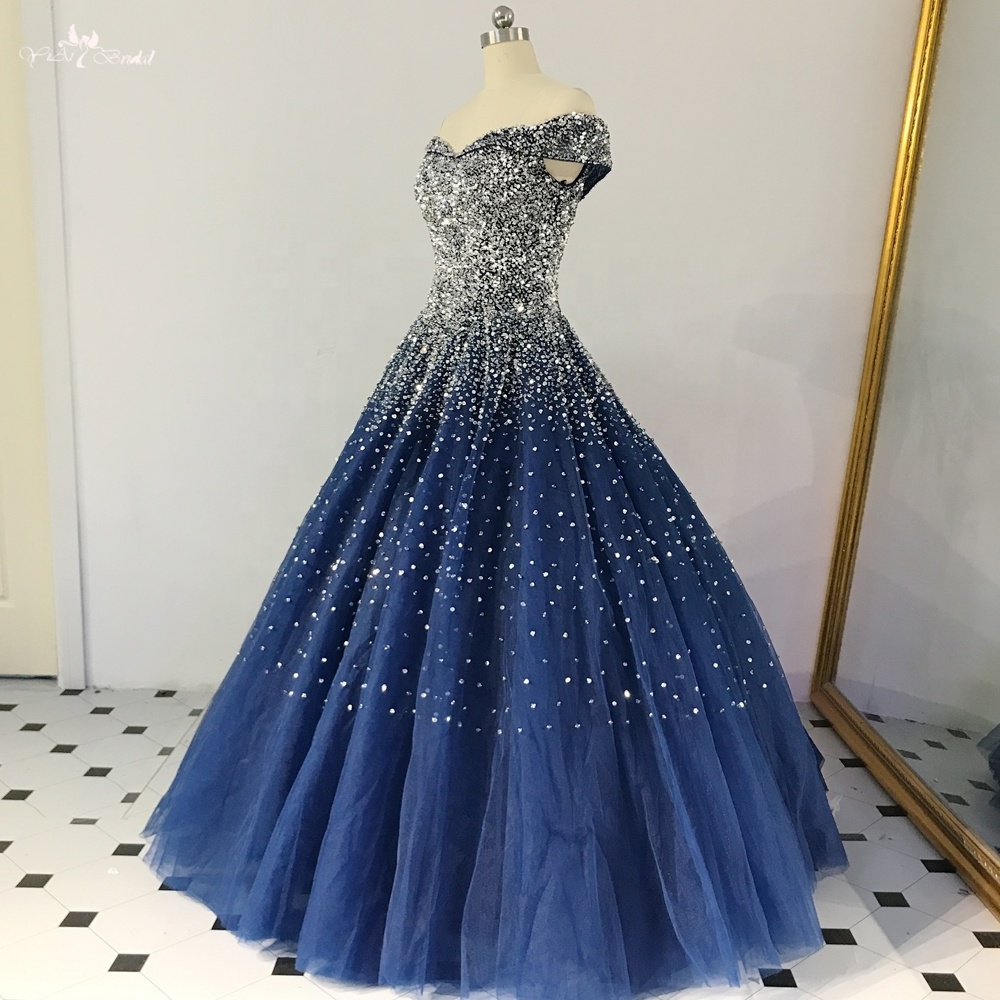 RSE848 Amazing Shinny Sequin Long Quinceanera Dresses Ball Gown Princess Party Off The Shoulder Pattern Royal Blue Evening Dress