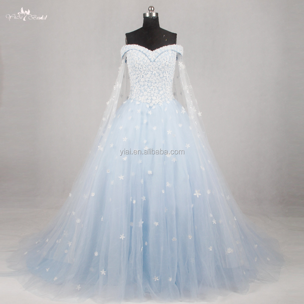 RSW1134 With Cape Shawl Princess Cinderella COSPLAY Bridal Ball Gown Off Shoulder ivory Ice Baby Blue Wedding Dress