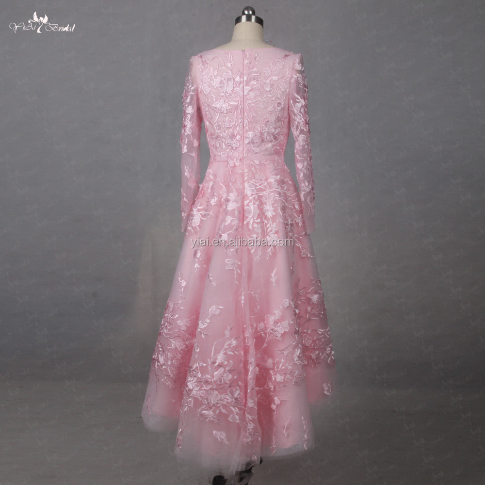 LZ200 Elegant Pink Color Evening Dress Delicate Lace Short Front Long Back Prom Dresses