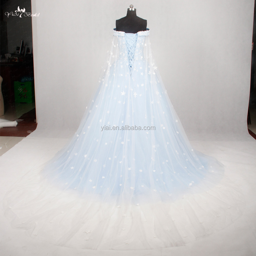 RSW1134 With Cape Shawl Princess Cinderella COSPLAY Bridal Ball Gown Off Shoulder ivory Ice Baby Blue Wedding Dress