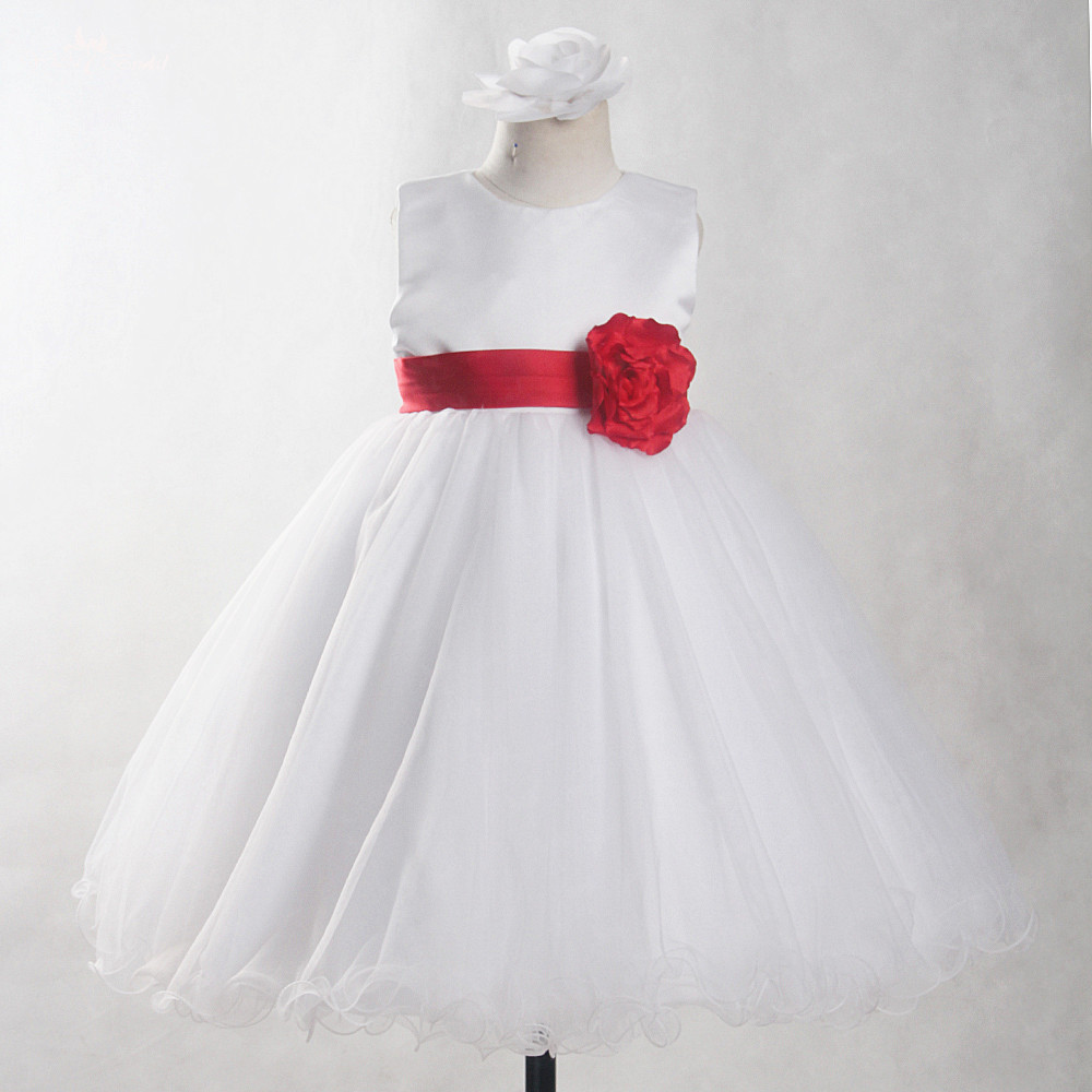 FG82 Wholesale Sleeveless Long Puffy Ball Gowns And Red Flower Girl Dresses Wedding Kids Communion Dress White