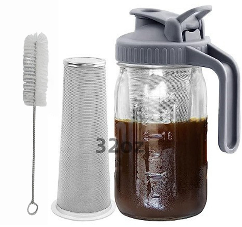 64oz Cold Brew Coffee Mason Maker Jar Thick Glass Multipurpose Pitcher Spout Lid with Handle & Stainless Steel Filter for Coffee