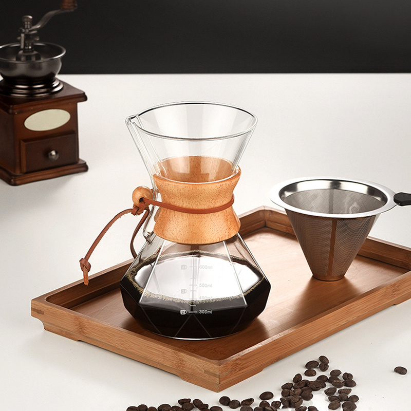 Diamond Shape Pour Over Coffee Maker, Lead-Free High Borosilicate Glass Coffee Carafe With Modern Wood Insulated Collar