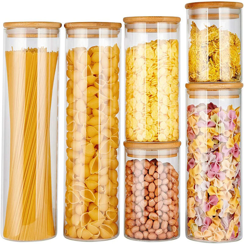 Glass Food Storage Jars Containers Canisters with Airtight Bamboo Lids Kitchen Glass Party Cylinder Country Set of Bowls Glass