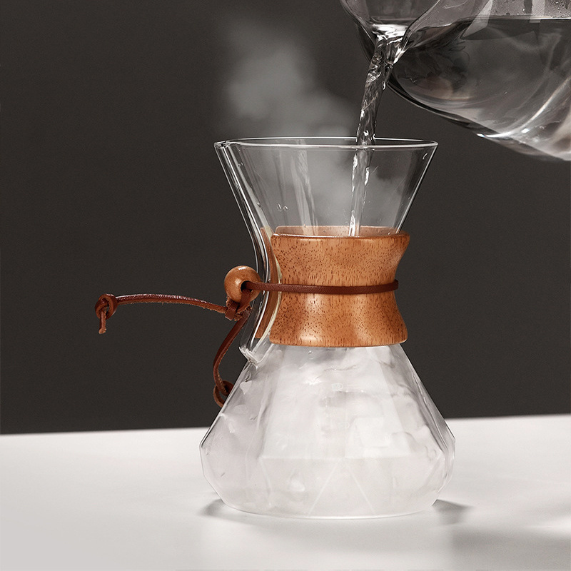 Diamond Shape Pour Over Coffee Maker, Lead-Free High Borosilicate Glass Coffee Carafe With Modern Wood Insulated Collar