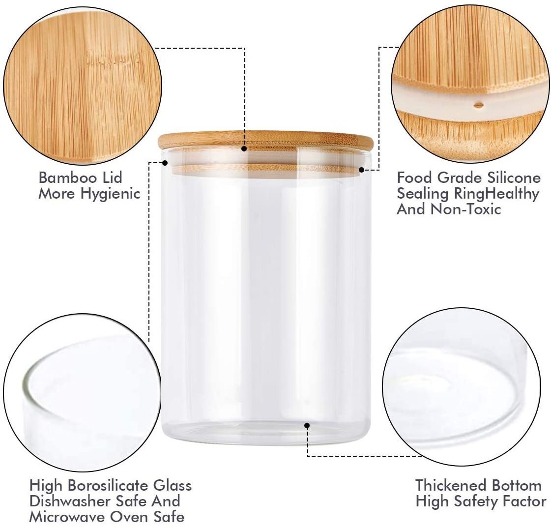 Glass Food Storage Jars Containers Canisters with Airtight Bamboo Lids Kitchen Glass Party Cylinder Country Set of Bowls Glass