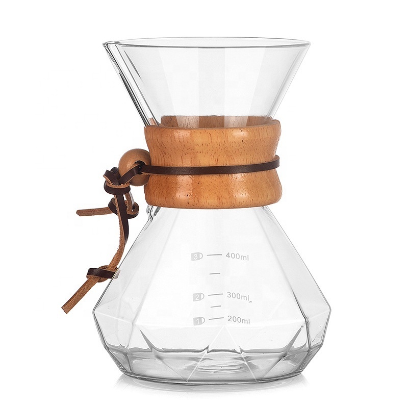 Diamond Shape Pour Over Coffee Maker, Lead-Free High Borosilicate Glass Coffee Carafe With Modern Wood Insulated Collar