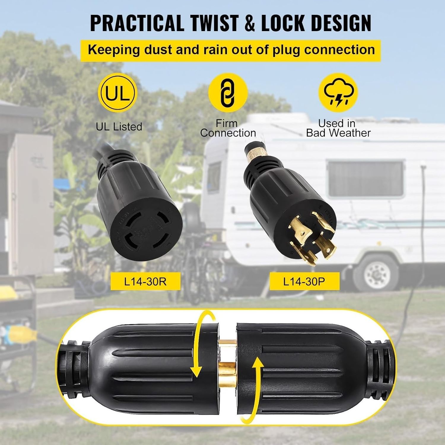 30Amp Weatherproof Emergency Twist Lock SJTW Power Cable for Outdoor Heavy Duty Generator Extension Cord