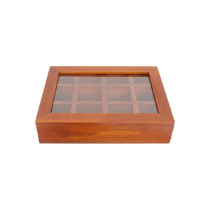 Wooden Tea Box Organizer 12 Grid Wood Tea Chest with Clear Glass Lid Vintage Jewelry Keepsakes Box