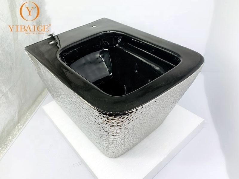 Wall Hung Toilet Hand Made Rimless Toilet Pattern Rimless Slow Down Seat Gold Yibaige Ceramic Silver One Piece Modern Black