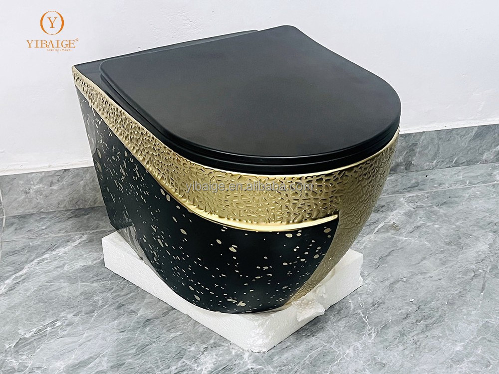 New arrive golden electroplating color rimless wall hung toilet UF seat cover with fix wall screws unique shape bathroom toilets