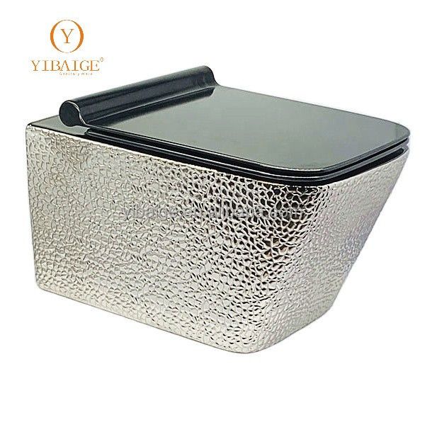 Wall Hung Toilet Hand Made Rimless Toilet Pattern Rimless Slow Down Seat Gold Yibaige Ceramic Silver One Piece Modern Black