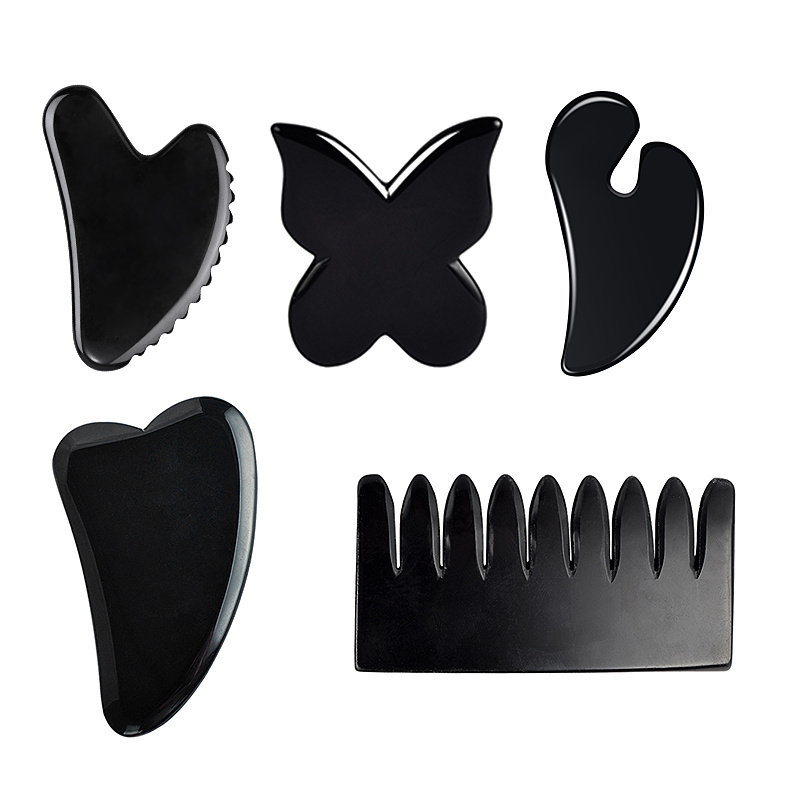 Custom Logo Black Obsidian Gua Sha Stone Set Facial Scraping Board Jade Head Comb Wholesale Face Massage Beauty Guasha Tool