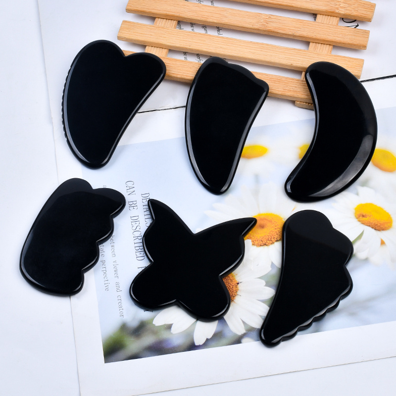 Custom Logo Cheap Price Natural Black Obsidian Facial Lifting Guasha Skin Beauty Massager Face Care Tool Jade Gua Sha Stone