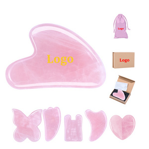 Customized Pink Jade Guasha Crystal Tools Natural Rose Quartz Crystal Gua Sha Stone Sets Wholesale Gua Sha Facial Massage Tool