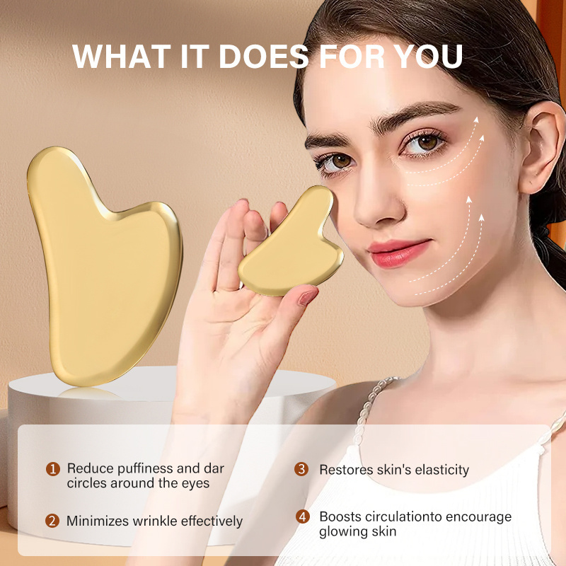 Wholesale Gold Color Kansa Guasha Chin Shaping Scraper Pure Copper Skincare Metal Massager Custom Logo Brass Facial Gua Sha Tool