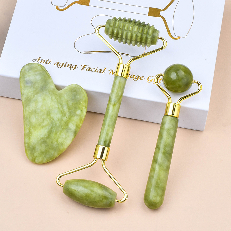 Mandibular Line Face Lifting Beauty Tool Natural Green Jade Stone Guasha Kit Custom Logo Jade Facial Massage Roller Gua Sha Set