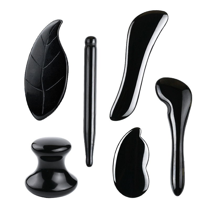 Custom Logo Black Obsidian Gua Sha Stone Set Facial Scraping Board Jade Head Comb Wholesale Face Massage Beauty Guasha Tool