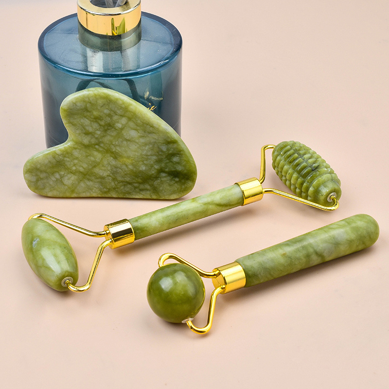 Mandibular Line Face Lifting Beauty Tool Natural Green Jade Stone Guasha Kit Custom Logo Jade Facial Massage Roller Gua Sha Set