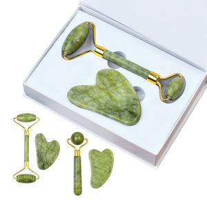 Mandibular Line Face Lifting Beauty Tool Natural Green Jade Stone Guasha Kit Custom Logo Jade Facial Massage Roller Gua Sha Set