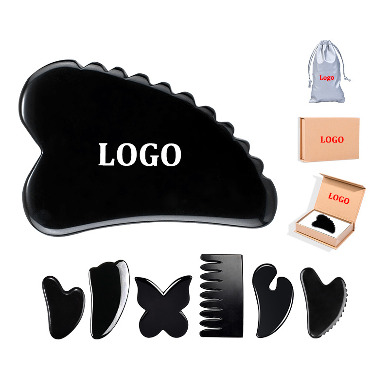 Custom Logo Black Obsidian Gua Sha Stone Set Facial Scraping Board Jade Head Comb Wholesale Face Massage Beauty Guasha Tool