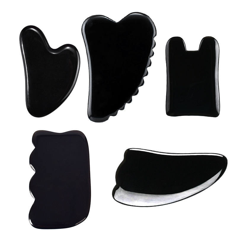 Custom Logo Black Obsidian Gua Sha Stone Set Facial Scraping Board Jade Head Comb Wholesale Face Massage Beauty Guasha Tool