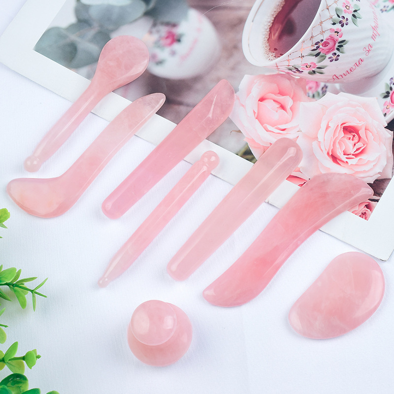 Customized Pink Jade Guasha Crystal Tools Natural Rose Quartz Crystal Gua Sha Stone Sets Wholesale Gua Sha Facial Massage Tool