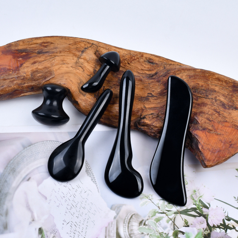 Custom Logo Cheap Price Natural Black Obsidian Facial Lifting Guasha Skin Beauty Massager Face Care Tool Jade Gua Sha Stone