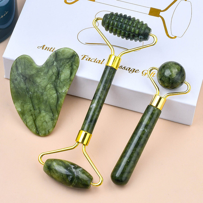 Mandibular Line Face Lifting Beauty Tool Natural Green Jade Stone Guasha Kit Custom Logo Jade Facial Massage Roller Gua Sha Set