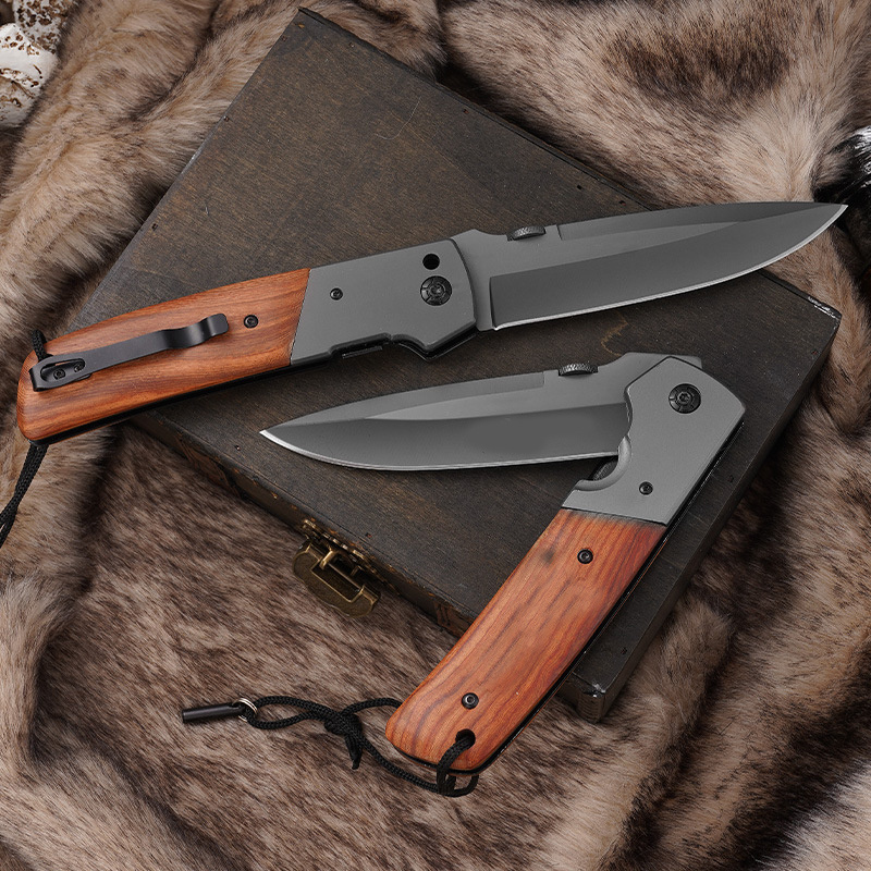 Best selling  wood handle folding knife customized engraved logo titanium coated blade pocket knife outdoor gift knife