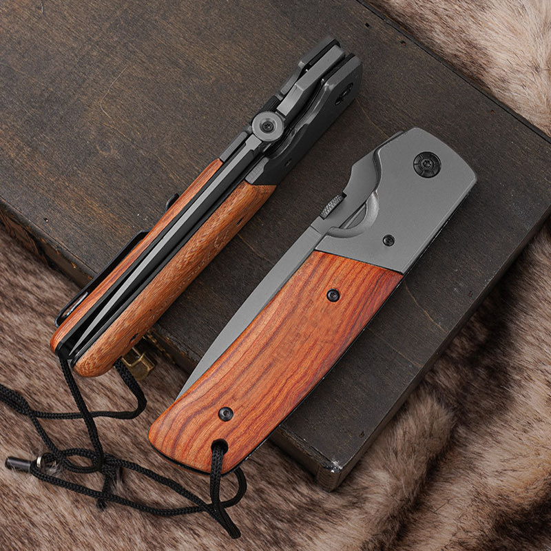 Best selling  wood handle folding knife customized engraved logo titanium coated blade pocket knife outdoor gift knife