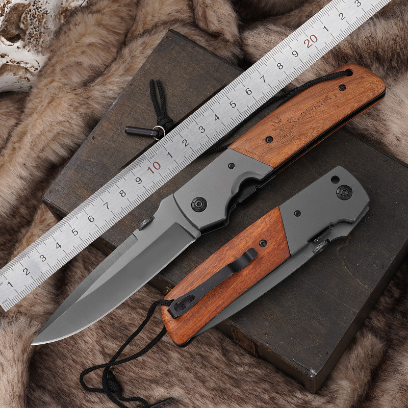 Best selling  wood handle folding knife customized engraved logo titanium coated blade pocket knife outdoor gift knife