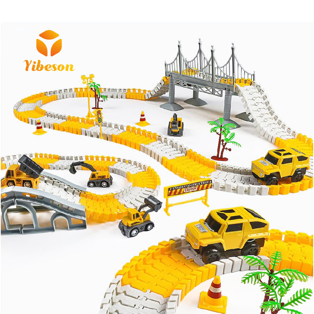 Boys Kids Engineering Construction Toy DIY Small Electric Excavator Slot Car Magic Flexible Road Race Set City Train Truck Track