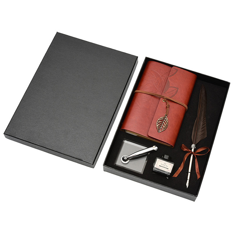 Customized with souvenirs classic business quill feather gift box pen set with notebook and ink bottle