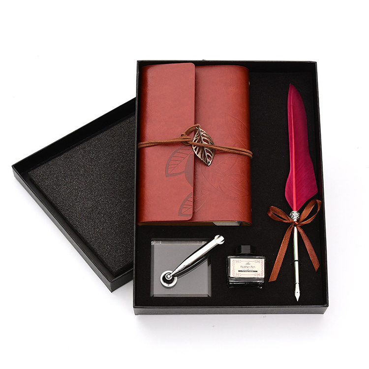 Customized with souvenirs classic business quill feather gift box pen set with notebook and ink bottle