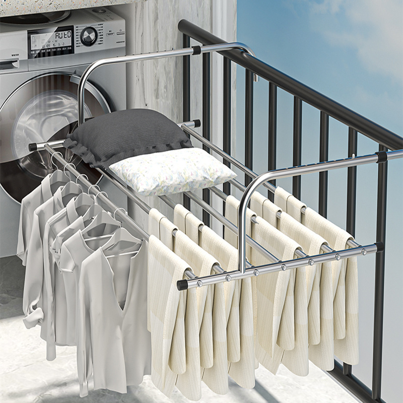 Indoor Outdoor stainless steel telescopic balcony window wall mounted hanger adjustable folding clothes drying rack