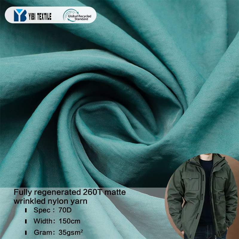 Recycled nylon fabric 70d 190T 210T 260T nylon taffeta with PA polyurethane coating for wind jacket and recycle pet bag fabric