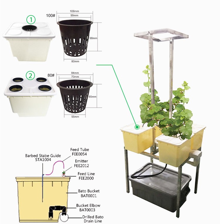 Hot Selling Plastic Bato Bucket Dutch Pots Hydroponic Dutch Buckets with Lid and Net Pot 4 Hole for Vegetables Fruits