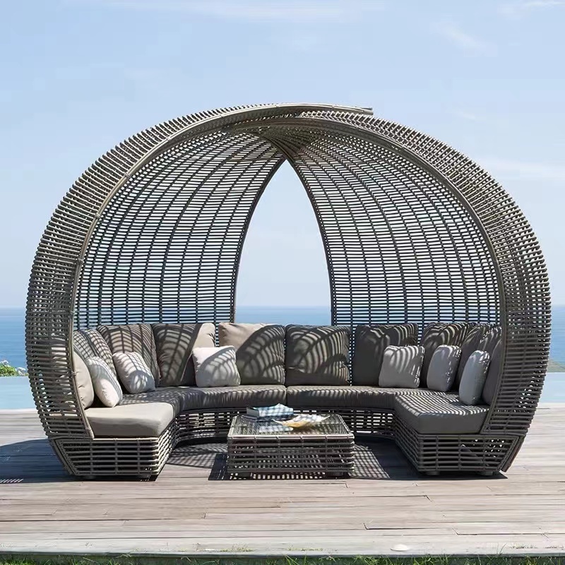 Cheap price Hi-Q Outdoor large rattan sofa set Garden outdoor patio waterproof sunbed pool lounger curved round outdoor sofa