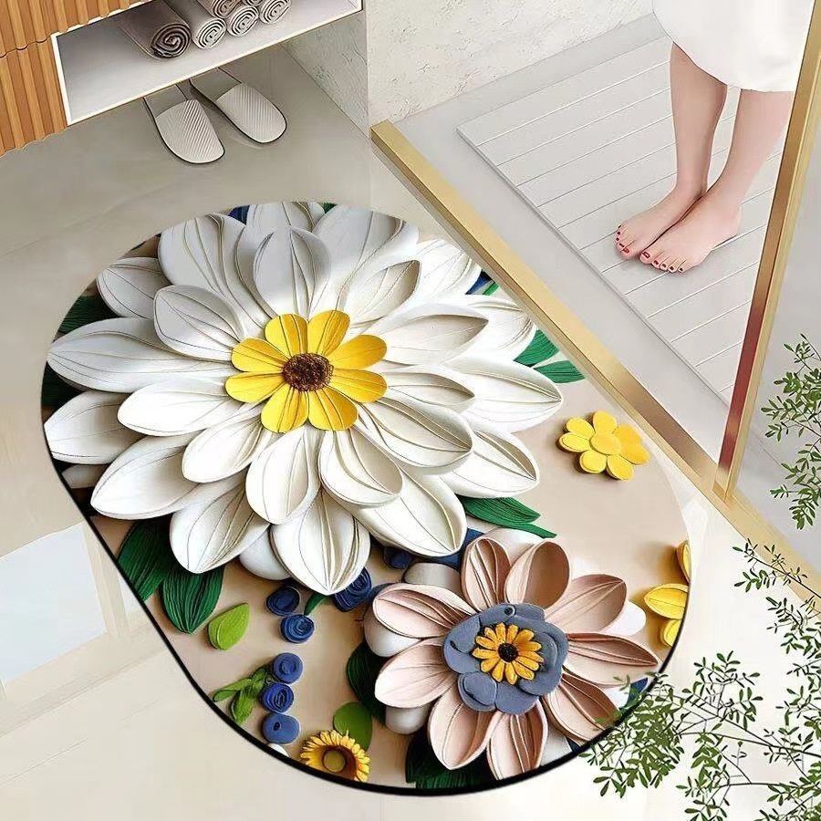 Hot Sale Super Absorbent 3D Floral Printed Bath Mat Quick Dry and Anti-Slip Rubber Back Bathroom Rug and Carpet Washable