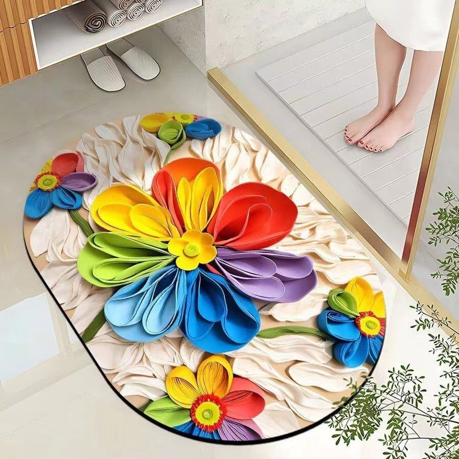 Hot Sale Super Absorbent 3D Floral Printed Bath Mat Quick Dry and Anti-Slip Rubber Back Bathroom Rug and Carpet Washable