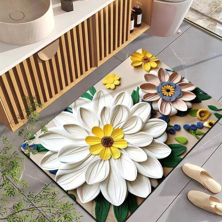 Hot Sale Super Absorbent 3D Floral Printed Bath Mat Quick Dry and Anti-Slip Rubber Back Bathroom Rug and Carpet Washable