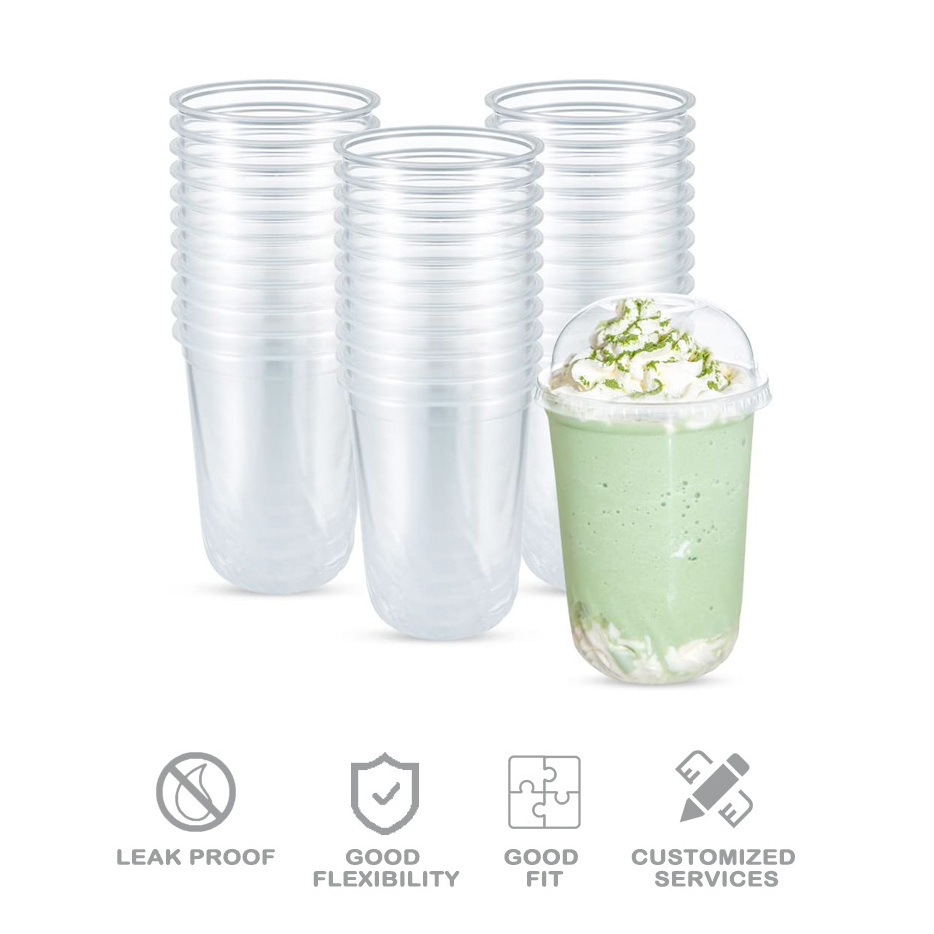 U Shaped Ice Cream Plastic Drinks Cup Transparent Prime Smoothy Disposable Coffee Iced Printing Beverage Plastic Cups with Lids